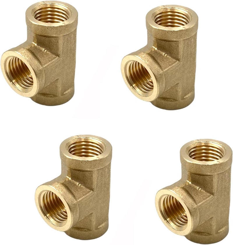 Bumugufu 4 Pcs 1/4" NPT Tee Brass Pipe Fittings, 1/4" x1/4" x1/4" Female NPT 3 Way T-Connector for Air, Propane, Oil and Natural Gas - Image 1